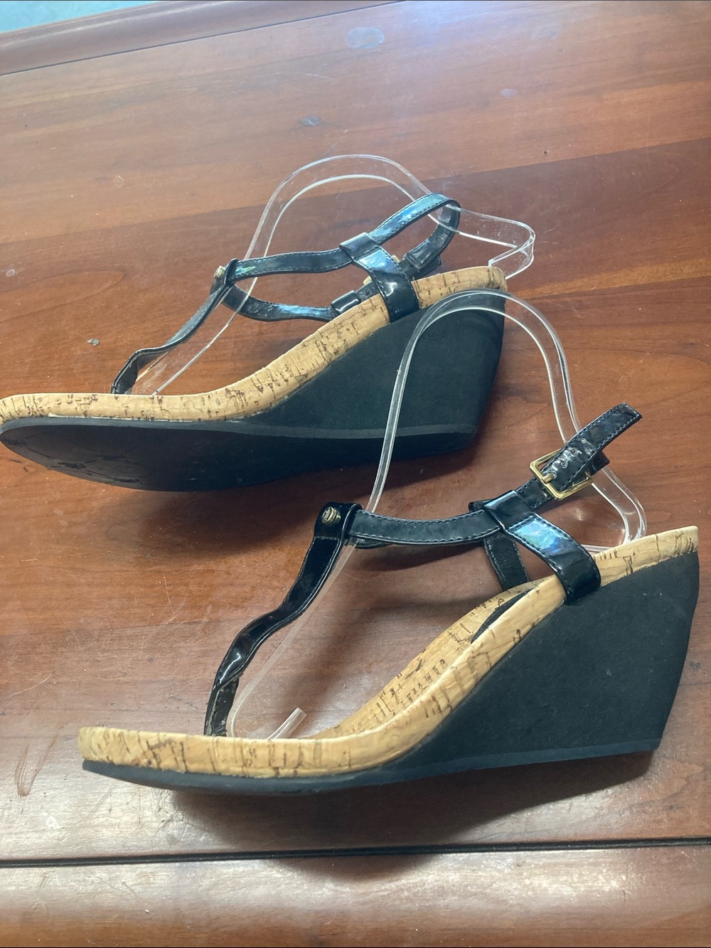 Ralph Lauren Women Patent Leather Sandals Black T-strap Cork Wedge Size 6.5B